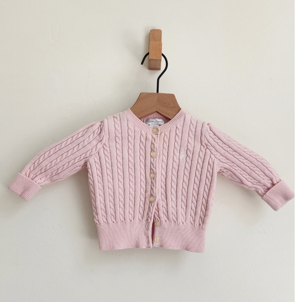 Ralph Lauren Baby Girl Cable Knit Cardigan Pastel Pink Sweater 9 Months Preppy